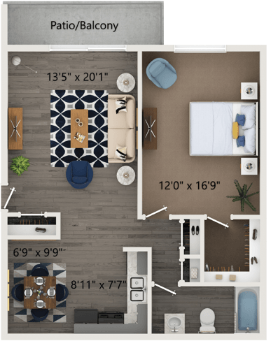 Floor plan for 1 bed, 1 bath, 800 sqft